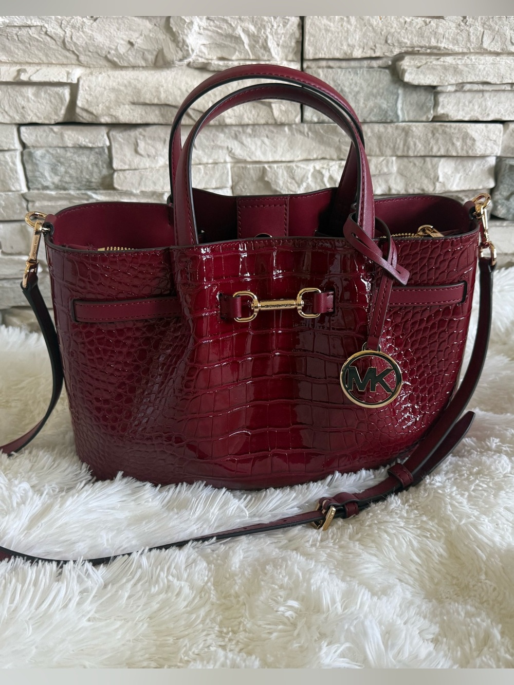 Michael Kors Croc-Embossed Patent Leather Tote in Burgundy
